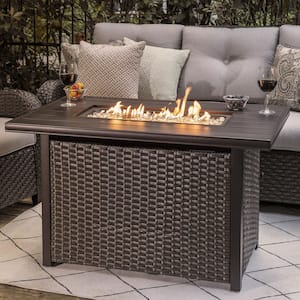 Brown 43 in. 50000 BTU Rectangular Wicker Aluminum Propane Gas Outdoor Fire Pit Table with Removable Lid Fire Glass