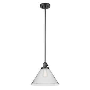 Avery 14 in. 1-Light Black Vintage Industrial Shaded Cone Kitchen Hanging Pendant Light with Clear Seeded Glass