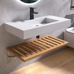 35 in. x 19 in. x 4 in. White Solid Surface Wall-Mounted Bathroom Vessel Sink with Faucet Hole and Plywood Shelf