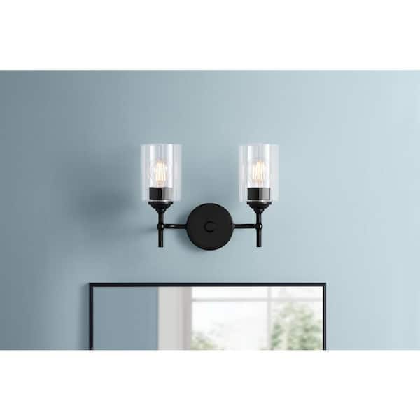 Home Decorators Collection Ayelen 13.5 in. 2-Light Matte Black Bathroom Vanity Light with Clear Glass Shades
