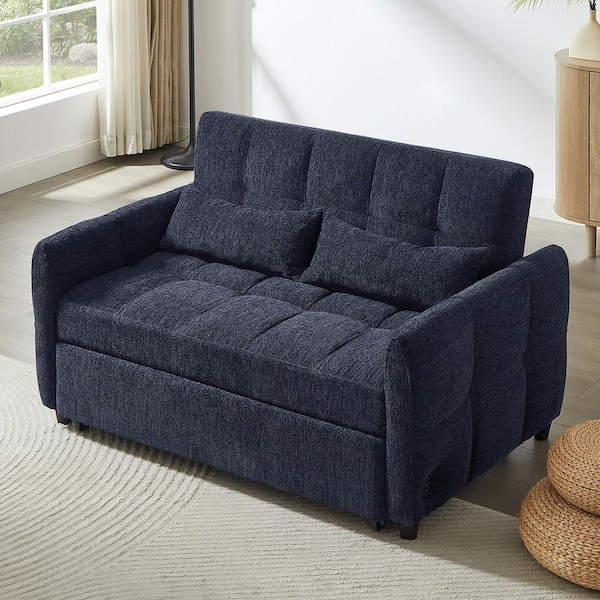 Grayson 52.8 in. Blue Chenille Upholstered Twin Size Pull-Out Sofa Bed with Adjustable Backrest, Pillows and USB Ports