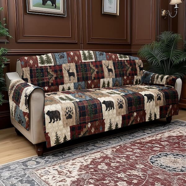 Woodland Patch Red and Brown Polyester 1-Piece Oversized Sofa Furniture Slipcover
