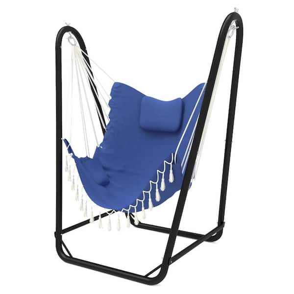 Afoxsos Unique U-Shaped 2.83 ft. Free Standing Chair Hammock with Stand in Navy Blue