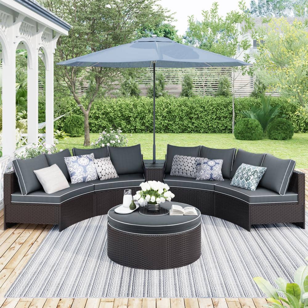 Brown 6-Piece Wicker Outdoor Half Round Couch Set with Storage Side Table f