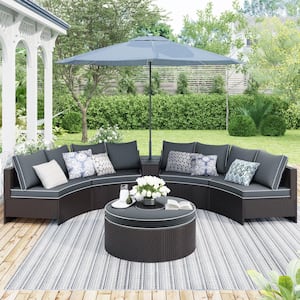 Brown 6-Piece Wicker Outdoor Half Round Couch Set with Storage Side Table for Umbrella, Round Table and Gray Cushions