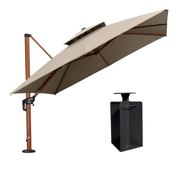 PURPLE LEAF 10 ft. Sunbrella Aluminum Square 360° Rotation Wood Pattern Cantilever Outdoor Umbrella With Base in Ground, Beige