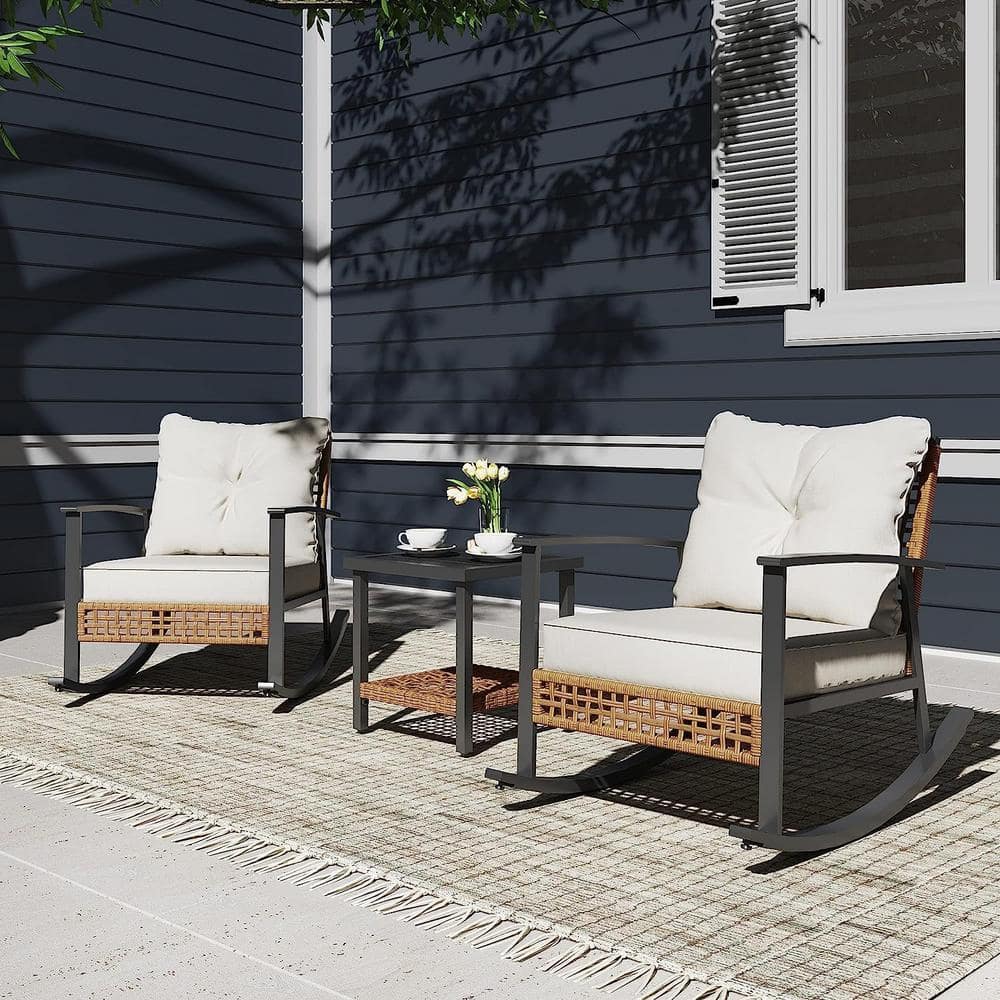 Beige Cushioned Steel Frame 3-Piece Patio Rocking Set