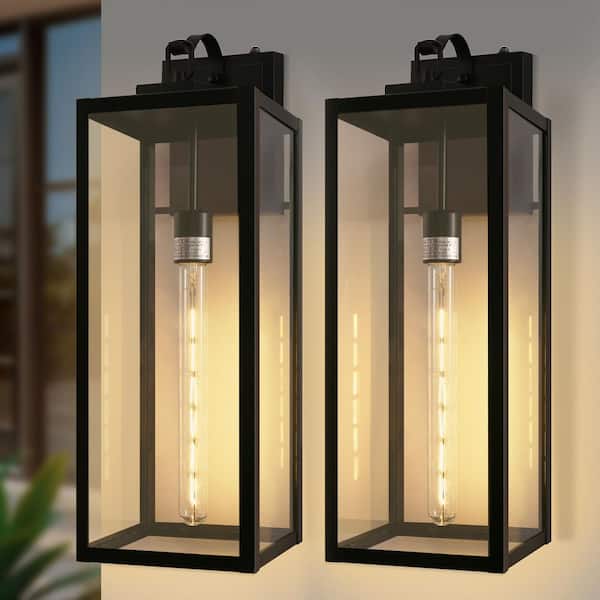 22 in.2-Pack Black Dusk to Dawn Lantern Outdoor Sconce Wall Light Waterproof for Porch Patio and LED T30 Bulbs Included