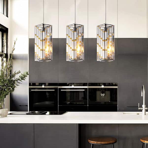 Modern 3 Pack 1-Light Chrome Crystal Prism Cylinder Pendant Chandelier for Kitchen Island or Dining Room(No Bulbs)