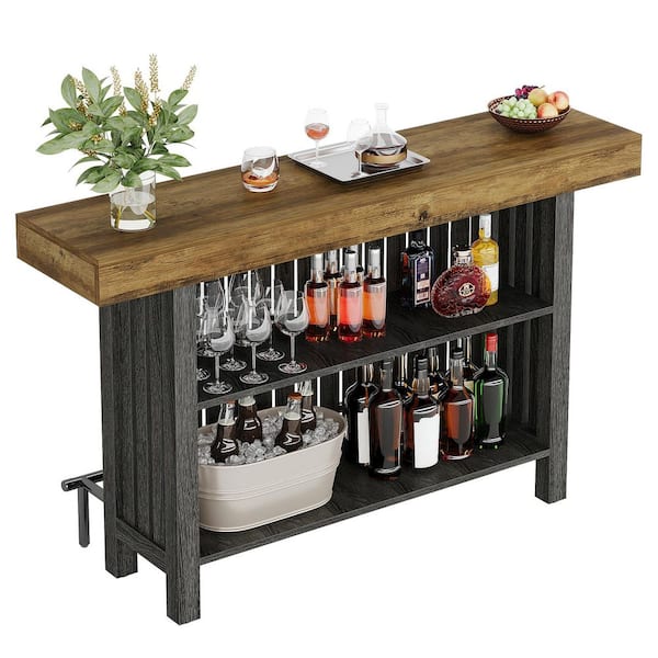 Adan 41.3 in. Home Brown Black Wood Modern 2-Tier Bar Table Footrest Corner Mini Coffee Cabinet Bar Unit Modern Simple