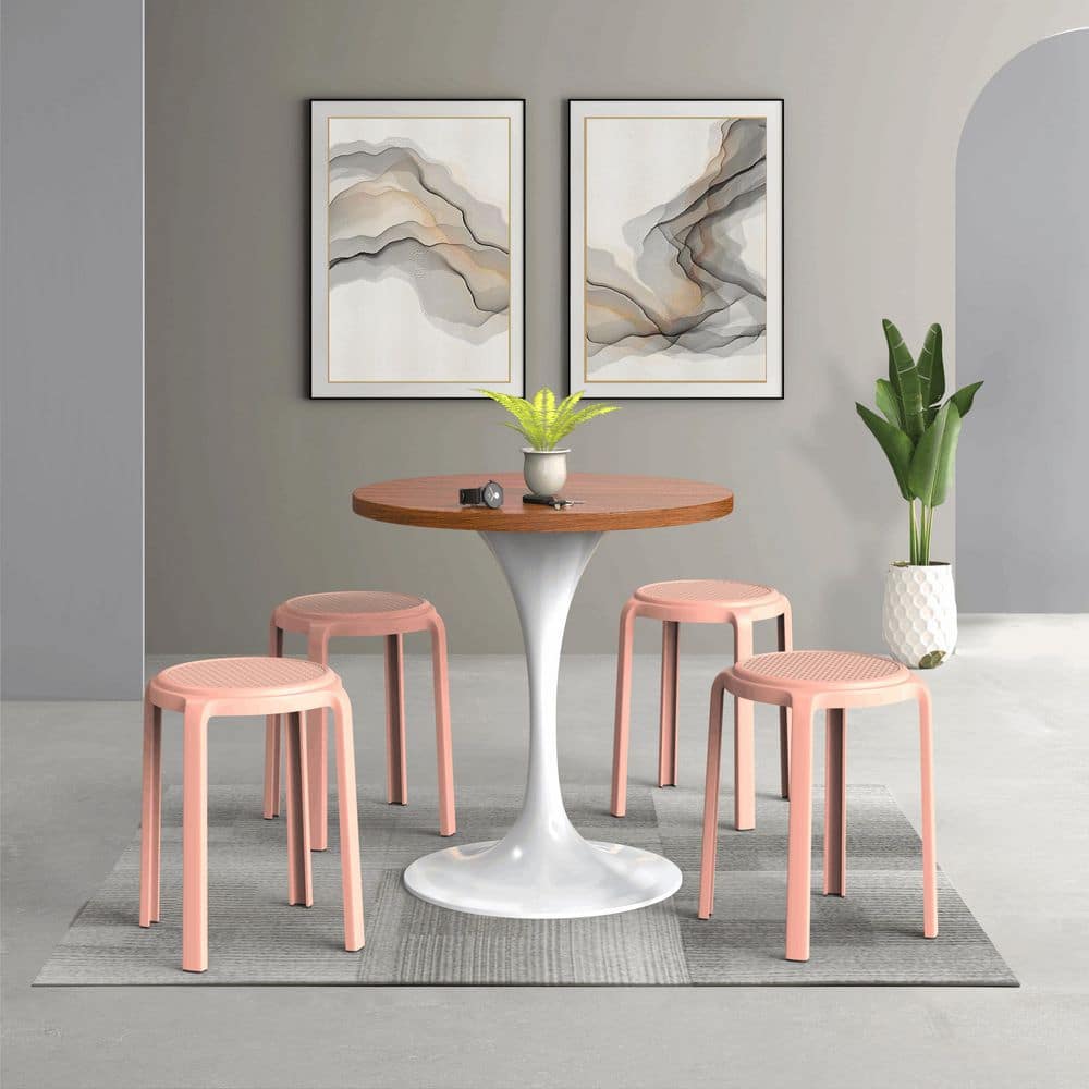 Tresse 17.7 in. Stackable Round Dining Stool – Backless Wicker-Top Seat for Kitchen, Patio, Garden Set of 2 in Pink