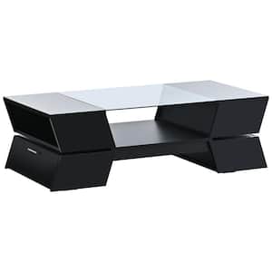 44.8 in. Black Rectangle Shape Glass Top Coffee Table with Open Shelves,Cabinets and Great Storage Capacity