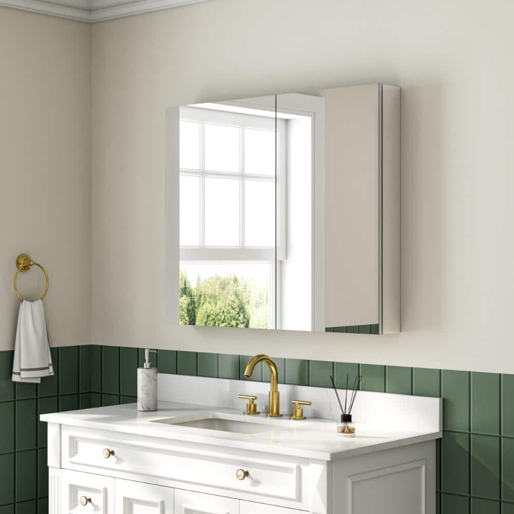 Combo 36 in. W x 30 in. H Chrome Aluminum Recessed/Surface Mount Medicine Cabinet with Mirror, Soft Close Tri-View Door price history on PriceWatchPro