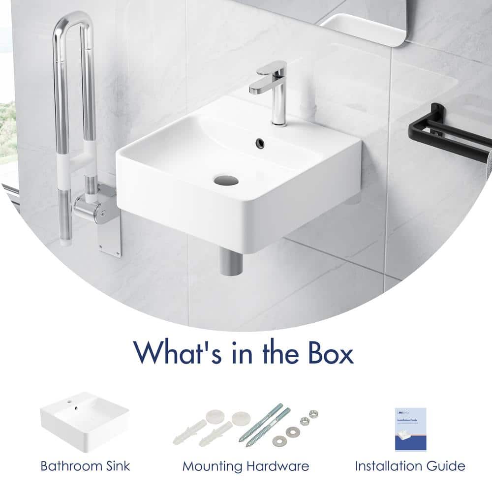 Crisp White Ceramic Square Wall-Mount Bathroom Sink with Overflow
