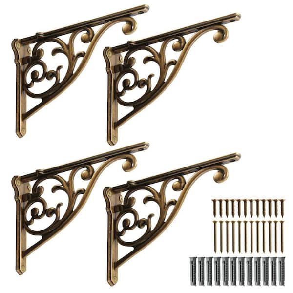 5 in. Antique Brass Vintage Metal Shelf Bracket Victorian Wall Bracket, Antique Brass (4-Pack)