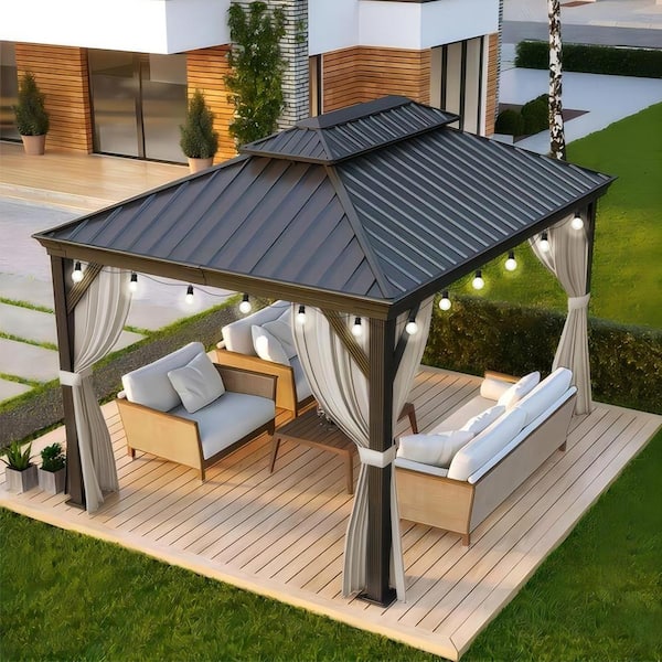 PURPLE LEAF 10 ft. x 12 ft. Gray Patio Outdoor Gazebo for Backyard Hardtop Aluminum Frame with Hooks,Upgrade Beige Curtain 24-Lights