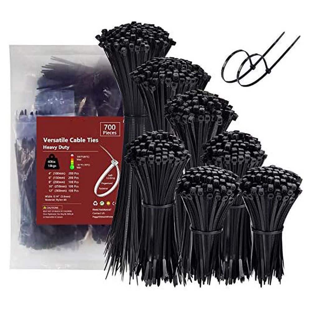 700 ft. Pack Black Nylon Zip Ties Assorted Sizes Self-Locking UV