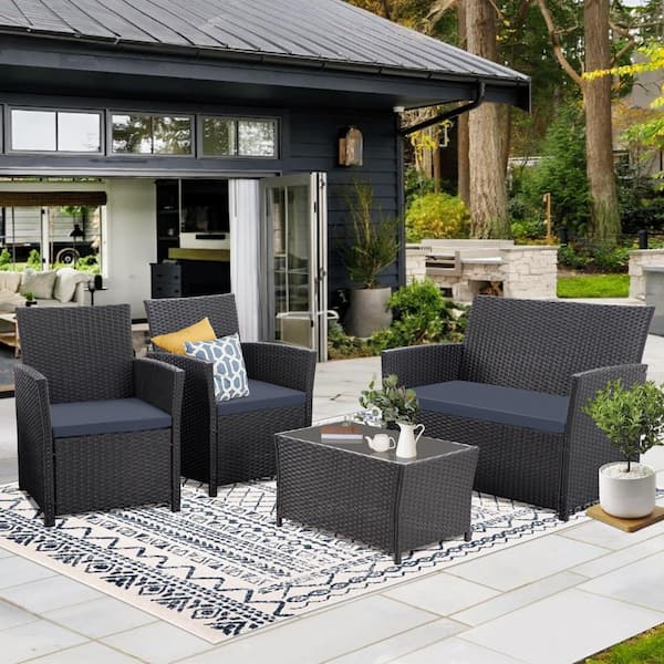 JUSKYS Classic 4-Piece Black Wicker Patio Conversation Set w/ Deep Sea Blue Cushions and CoffeeTable for Garden Patio Porch Apt