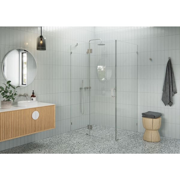 Glass Warehouse 48 in. W x 36 in. D x 78 in. H Pivot Frameless Corner Shower Enclosure in Brushed Nickel Finish with Clear Glass