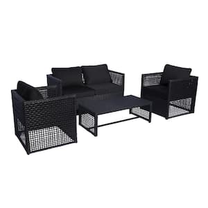 Leah 4-Piece Wicker Patio Conversation Set with Black Cushions