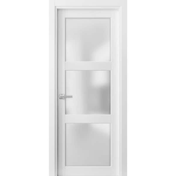 Sartodoors 2552 18 in. x 80 in. Universal Handling 3-Lite Frosted Glass Solid White Finished Pine Wood Single Prehung French Door