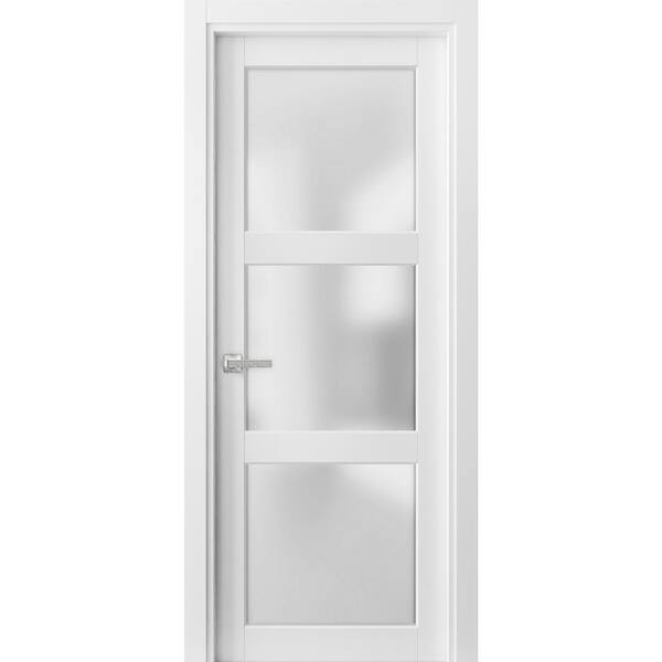 Sartodoors 2552 32 in. x 84 in. Universal Handling 3 Lite Frosted Glass Solid White Finished Pine Wood Single Prehung French Door