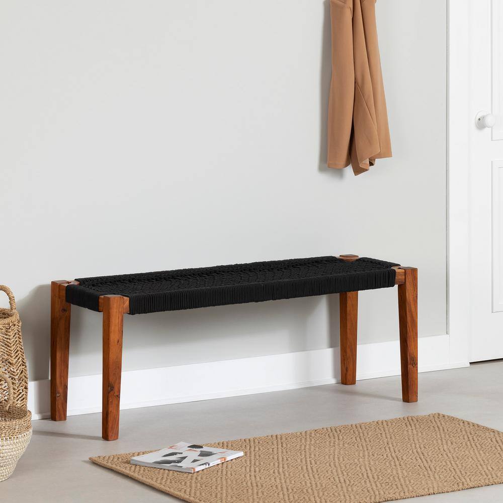 Black and Natural Wood Entryway Bench with Woven Seat