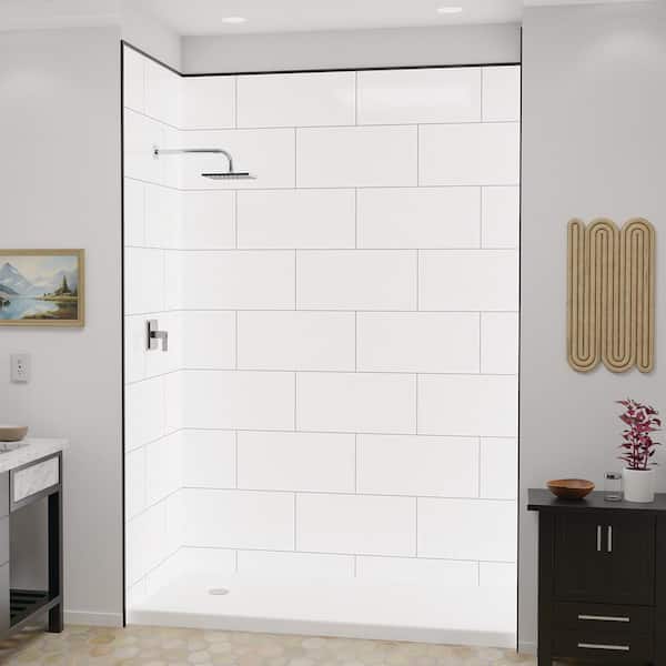 FlexStyle 36 in. x 60 in. W x 80 in. H 3 Piece Glue Up Alcove Shower Wall Surround in White Block with Black Trim