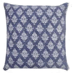 Traditional Twilight Blue / White 20 in. x 20 in. Fairytale Motif Bordered Indoor Throw Pillow