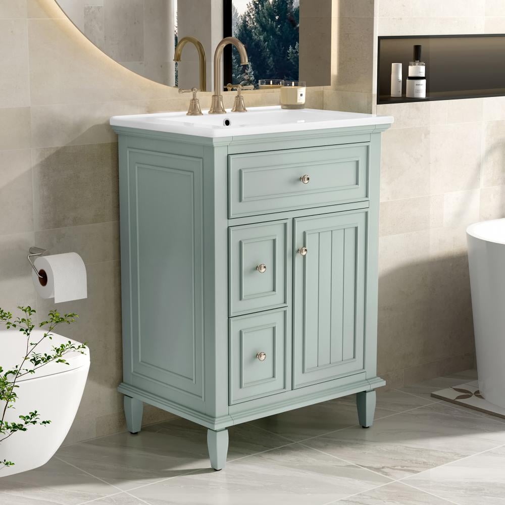 24 in. Green Bath Vanity with White Ceramic Sink Top, Adjustable Shelf, One Flip Drawer and Two Drawers price history on PriceWatchPro