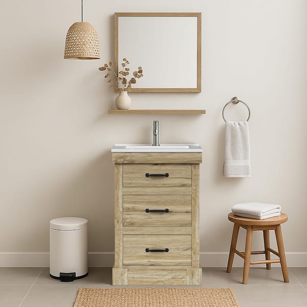 Donovan 24.02 in. Single Sink Freestanding Light Oak Bath Vanity with White Ceramic Integrated Square Top