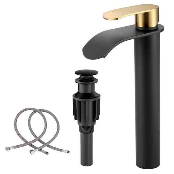 Waterfall Single Handle High-Arc Single Hole Bathroom Sink Faucet with Pop Up Drain Included in Black and Gold