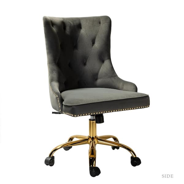 JAYDEN CREATION Adelina Grey Height Adjustable Swivel Tufted Armless Task Chair with Nailhead Trim and Metal Base