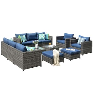 Ontario Lake Gray 12-Piece Wicker Outdoor Patio Conversation Seating Set with Denim Blue Cushions