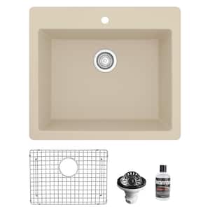 Bisque Quartz 25 in. Single Bowl Drop-In Kitchen Sink with Bottom Grid and Strainer