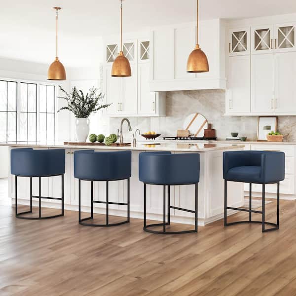 Jessica 26 in. Navy Counter Bar Stool Faux Leather Upholstered Barrel Counter Stool with Metal Frame (Set of 4)