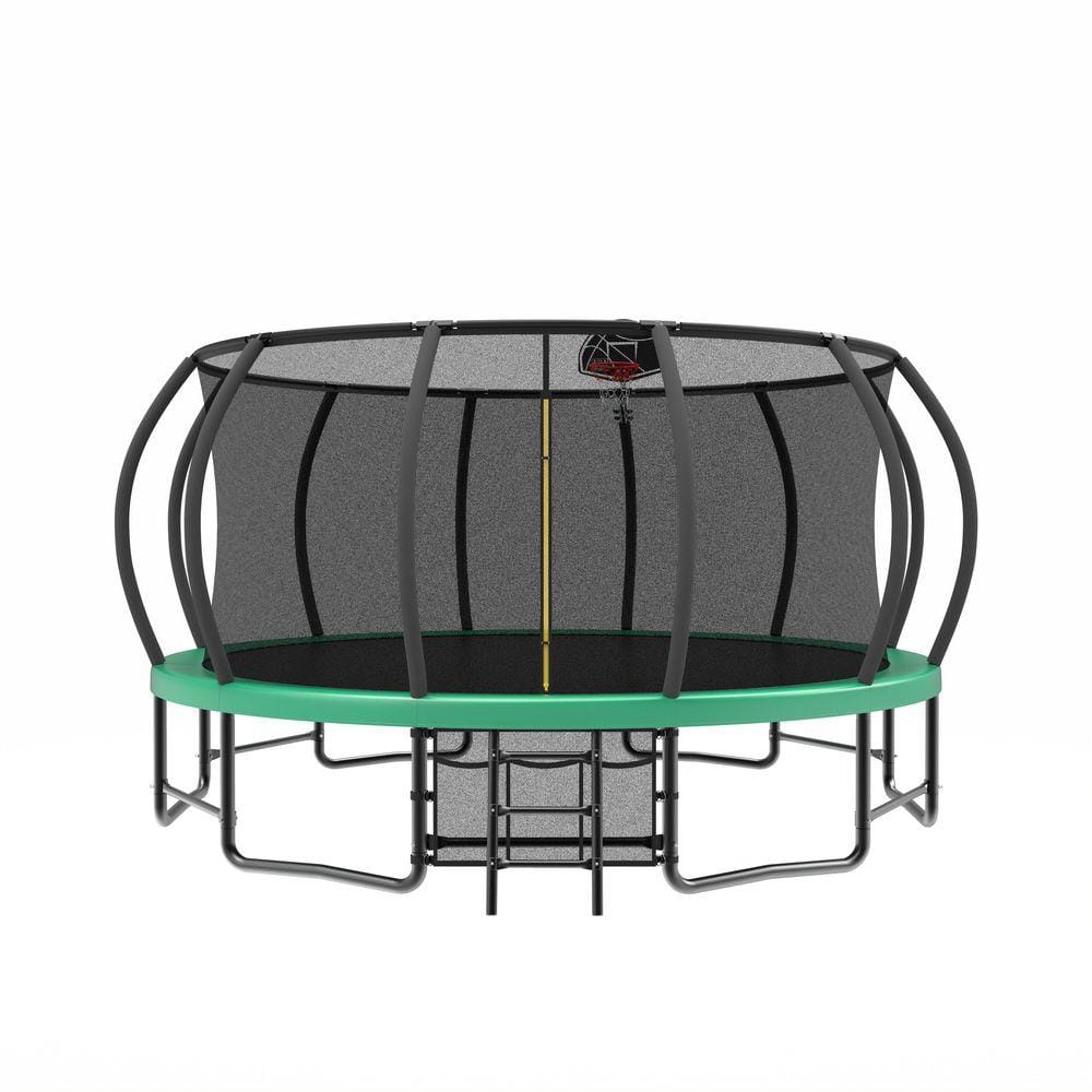 15 ft. Outdoor Green Round Trampoline with Basketball Hoop