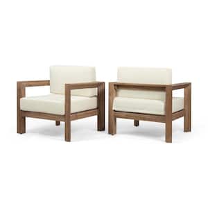 Genser Brown Removable Cushions Wood Outdoor Lounge Chairs with Beige Cushions (2-Pack)