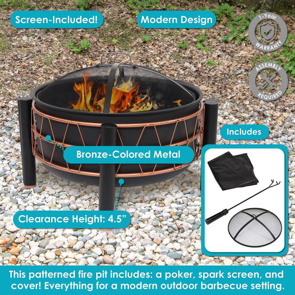 32-Inch Black Steel Fire Pit with Bronze Trapezoid Design