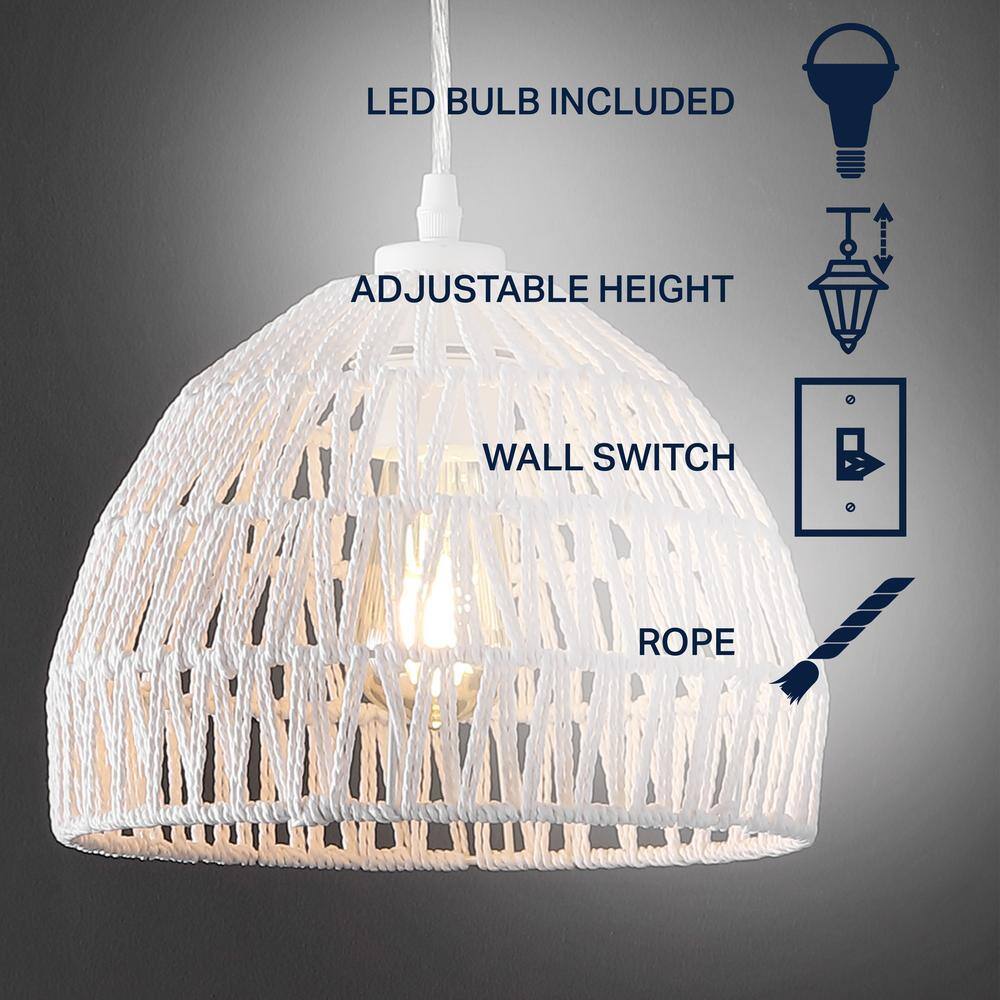 Campana 10.25" White Woven Rope and Iron LED Pendant Light