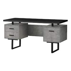 COMPUTER DESK - 3 STORAGE DRAWERS / REVERSIBLE / FLOATING DESKTOP - 60"L - BLACK TOP / GREY CONCRETE-LOOK / BLACK