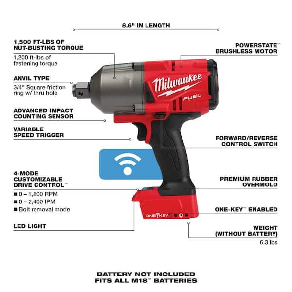 M18 FUEL ONE-KEY 18V Lith-Ion Brushless Cordless 3/4 in. Impact Wrench w/ 5.0 Ah Battery & Extended Ratchet