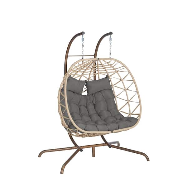Unbranded Light Yellow Metal Patio Swing, Double Egg Chair with Stand Hanging, UV Resistant Dark Gray Cushions for Balcony, Patio