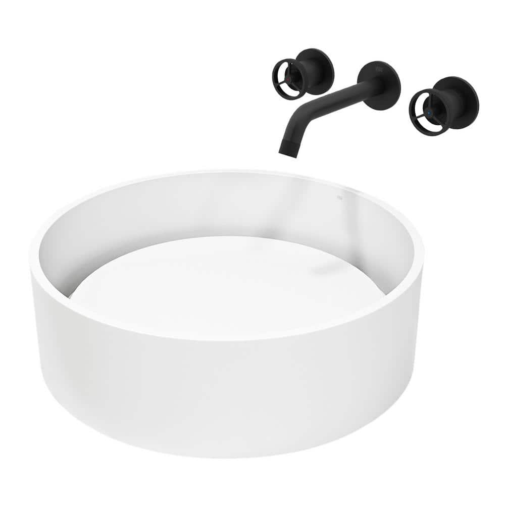 VIGO Matte Stone Anvil Composite Round Vessel Bathroom Sink in White with WallMount Faucet and