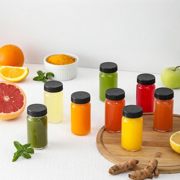 2 oz. Glass Bottles with Lids for Ginger, Wellness Shot, Juice, Sample, Whiskey and Travel Essentials, Clear (9-Pack)