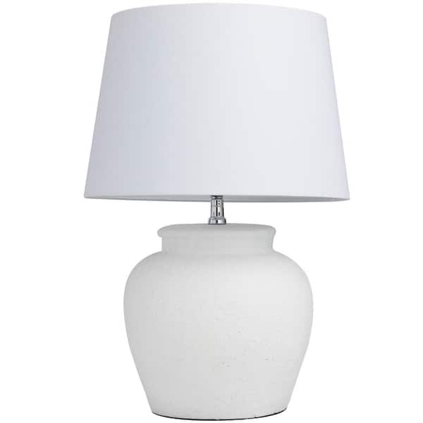 Litton Lane 24 in. White Cement Pot Inspired Task and Reading Table Lamp with Textured Exterior
