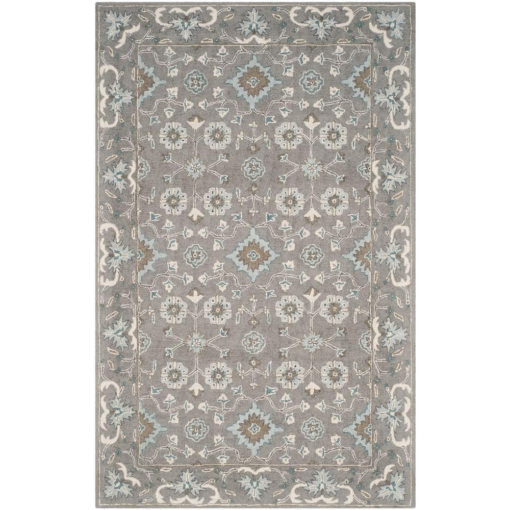 Elegant Hand-Tufted Blossom Floral Wool Rug in Gray, 5' x 8'