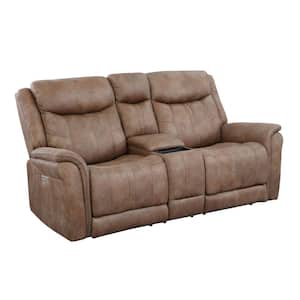 Morrison 78 in. Camel Faux Suede 2-Seat Power Reclining Loveseat with Storage Console and USB Charging