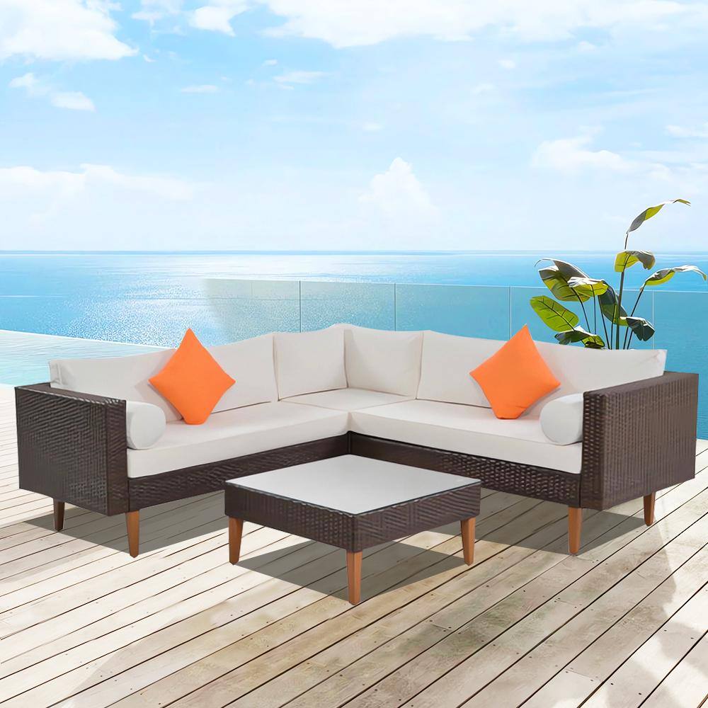 4-Piece Brown Wicker Rattan Outdoor Patio Conversation Sectional L-Shape Sofa Set with Beige Cushions price history on PriceWatchPro