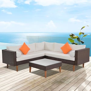 4-Piece Brown Wicker Rattan Outdoor Patio Conversation Sectional L-Shape Sofa Set with Beige Cushions